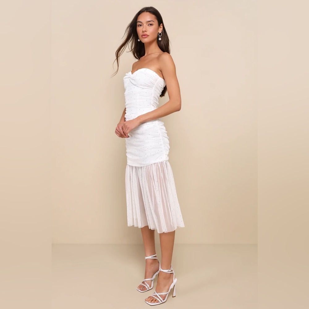 Lulus Medium‎ Sparkling Babe White Mesh Rhinestone Ruched Strapless Midi Dress - Picture 2 of 6